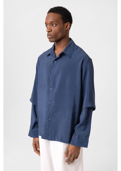 Çift Kol Detaylı Oversize Gömlek Indigo fırsatları