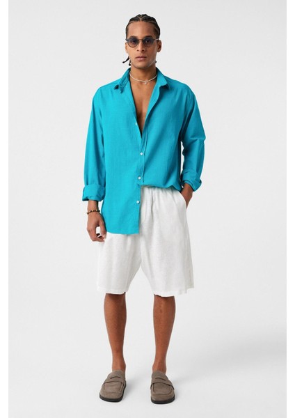 Basic Oversize Pamuk Keten Gömlek Turkuaz