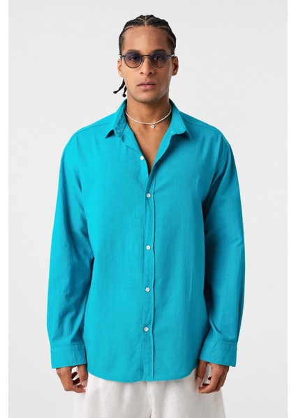 Basic Oversize Pamuk Keten Gömlek Turkuaz modelleri
