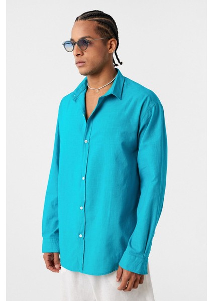 Basic Oversize Pamuk Keten Gömlek Turkuaz fırsatları