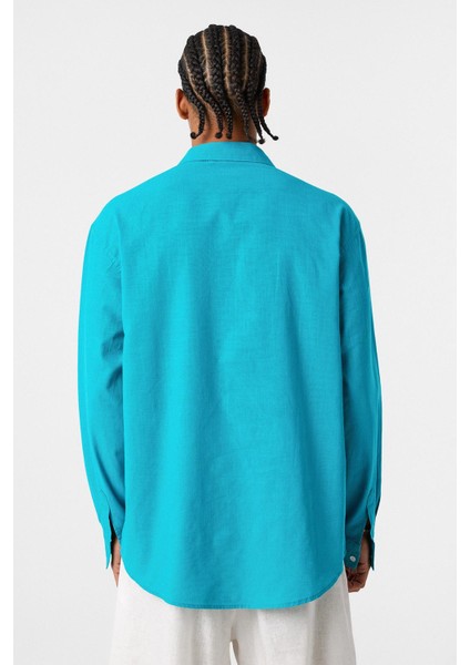 Basic Oversize Pamuk Keten Gömlek Turkuaz indirimleri