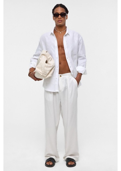 %100 Keten Oversize Uzun Kollu Gömlek Ekru