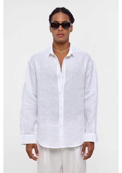 %100 Keten Oversize Uzun Kollu Gömlek Ekru fiyatları