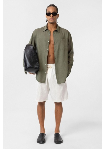 Cep Detaylı Oversize Uzun Kol Gömlek Haki