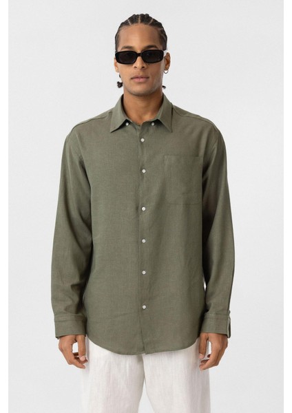 Cep Detaylı Oversize Uzun Kol Gömlek Haki fiyatları