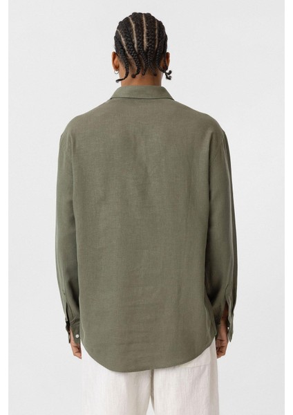 Cep Detaylı Oversize Uzun Kol Gömlek Haki modelleri