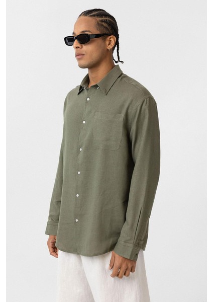 Cep Detaylı Oversize Uzun Kol Gömlek Haki fırsatları