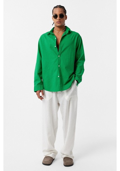 Basic Oversize Pamuk Keten Gömlek Yeşil