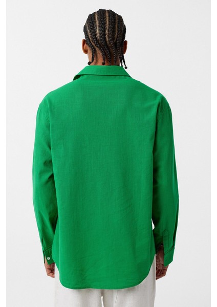 Basic Oversize Pamuk Keten Gömlek Yeşil indirimleri