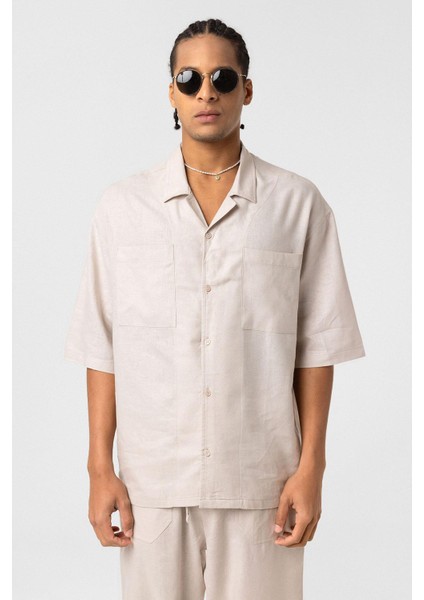 Çift Cepli Oversize Keten Gömlek Bej modelleri