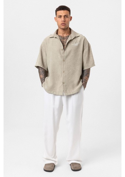 Yıkamalı Oversize Kısa Kol Baskılı Tensel Gömlek Haki