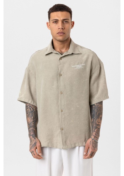 Yıkamalı Oversize Kısa Kol Baskılı Tensel Gömlek Haki modelleri