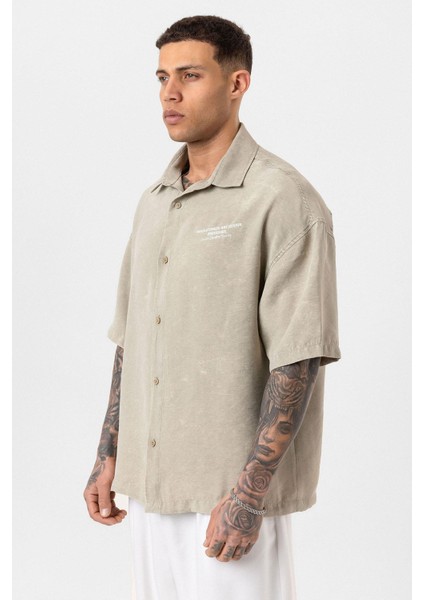 Yıkamalı Oversize Kısa Kol Baskılı Tensel Gömlek Haki fırsatları