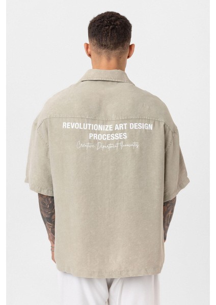 Yıkamalı Oversize Kısa Kol Baskılı Tensel Gömlek Haki indirimleri