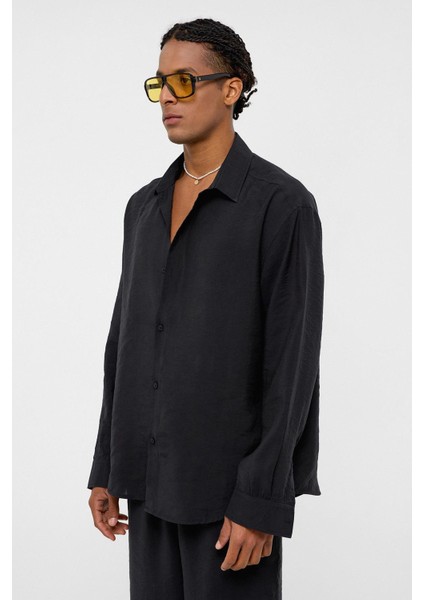 Basıc Oversize Uzun Kollu Modal Karışımlı Gömlek Siyah indirimleri