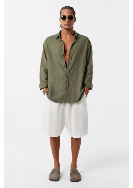 Basic Oversize Uzun Kollu Keten Gömlek Haki