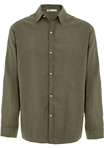 Basic Oversize Uzun Kollu Keten Gömlek Haki fiyatları