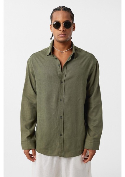 Basic Oversize Uzun Kollu Keten Gömlek Haki modelleri