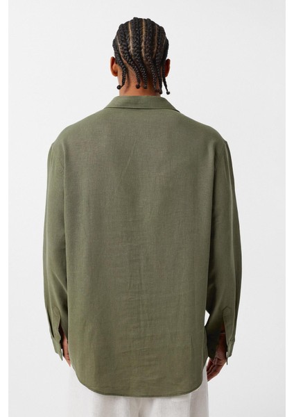 Basic Oversize Uzun Kollu Keten Gömlek Haki indirimleri