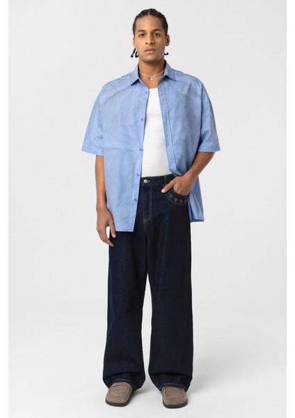 Oversize Yıkamalı Poplin Gömlek Mavi