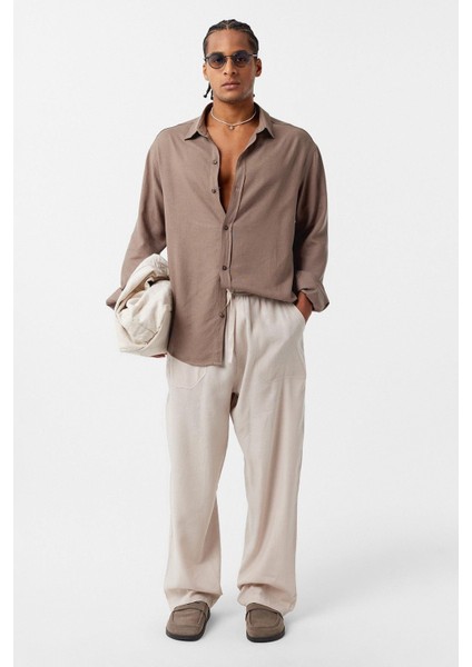 Basic Oversize Uzun Kollu Keten Gömlek Vizon