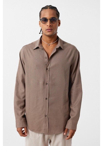Basic Oversize Uzun Kollu Keten Gömlek Vizon modelleri