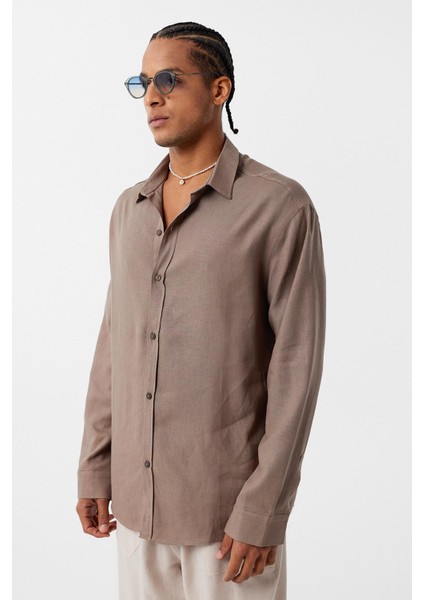 Basic Oversize Uzun Kollu Keten Gömlek Vizon fırsatları