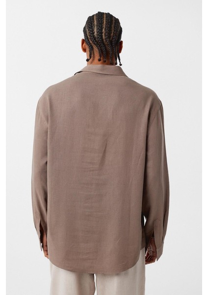 Basic Oversize Uzun Kollu Keten Gömlek Vizon indirimleri