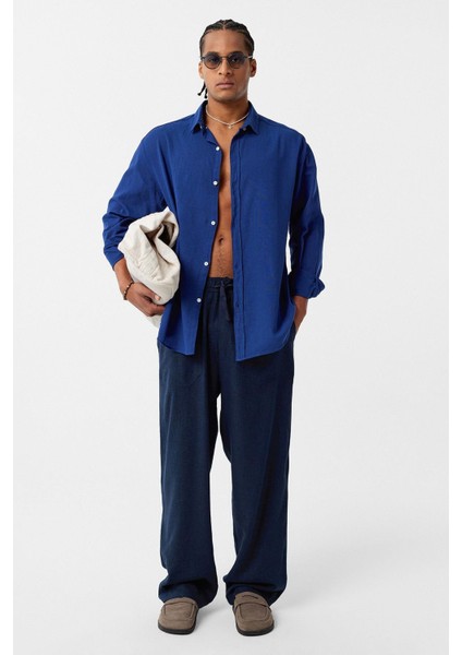Basic Oversize Pamuk Keten Gömlek Saks