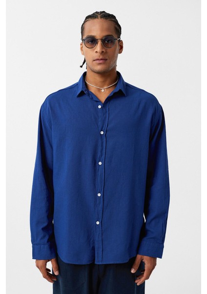 Basic Oversize Pamuk Keten Gömlek Saks modelleri