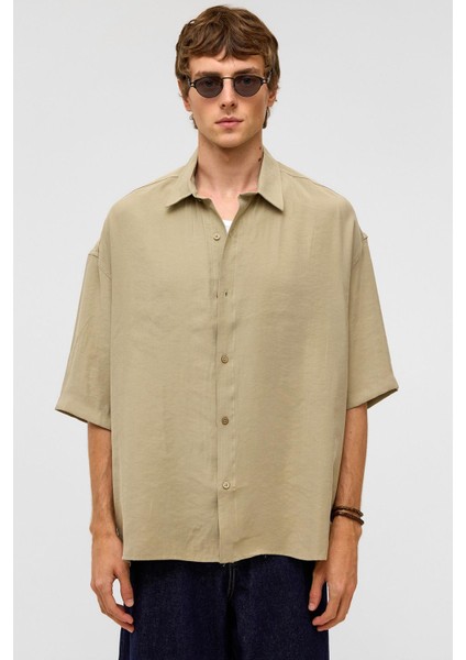 Basic Oversize Kısa Kollu Modal Gömlek Haki modelleri