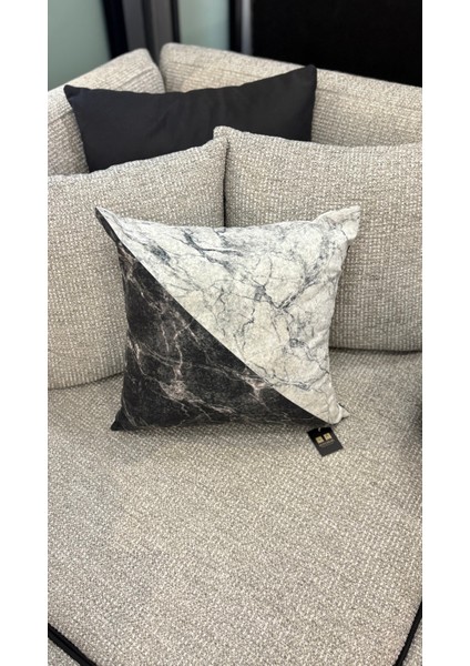 Siyah Beyaz Mermer / Çift Tarafı Baskılı Evelyn Süet Kırlent Kılıfı 43 x 43