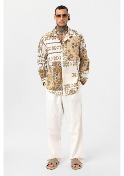 Etnik Desenli Oversize Gömlek Vizon