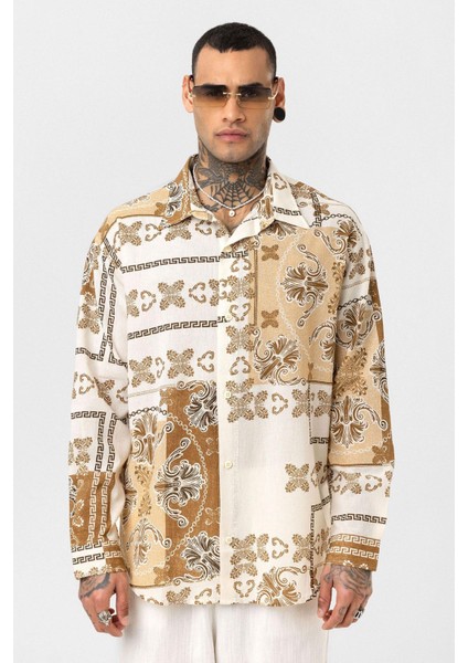 Etnik Desenli Oversize Gömlek Vizon modelleri