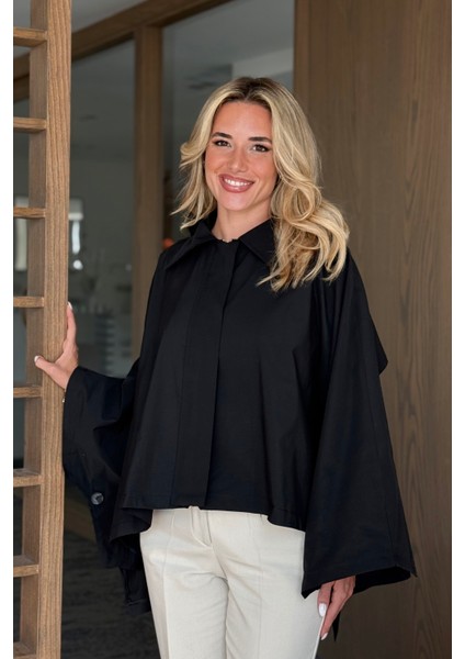 Siyah Pelerin Model Trençkot - 7603