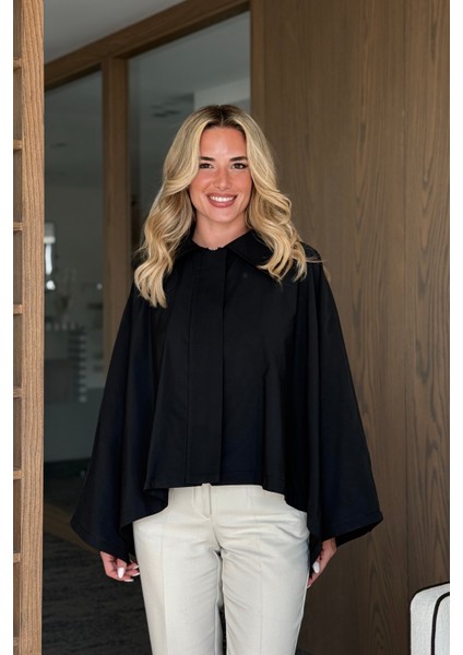 Siyah Pelerin Model Trençkot - 7603 indirimleri