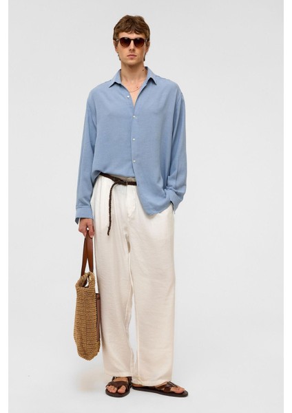 Oversize Uzun Kollu Keten Gömlek Bebe Mavi