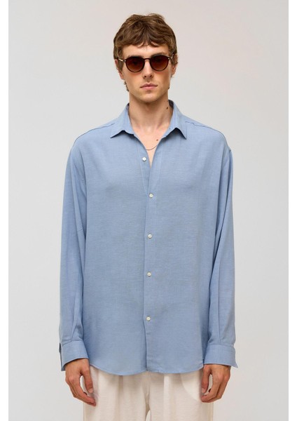 Oversize Uzun Kollu Keten Gömlek Bebe Mavi fiyatları