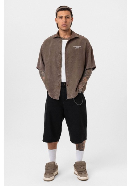 Yıkamalı Oversize Kısa Kol Baskılı Tensel Gömlek Kahve