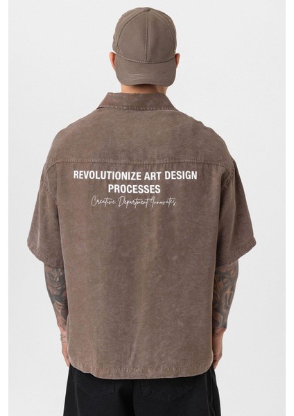 Yıkamalı Oversize Kısa Kol Baskılı Tensel Gömlek Kahve indirimleri