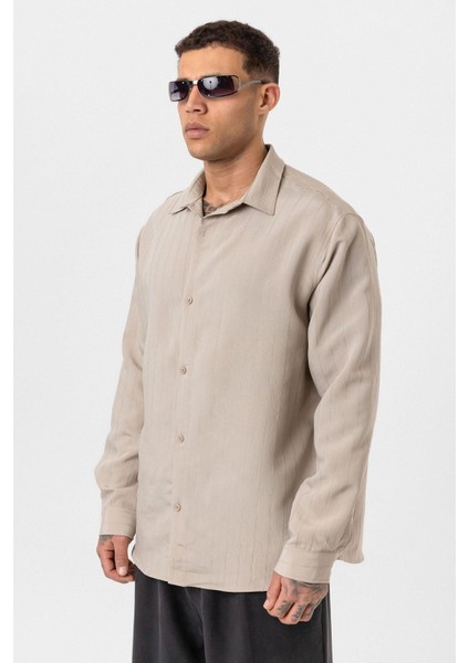 Çizgili Uzun Kol Oversize Gömlek Bej fırsatları