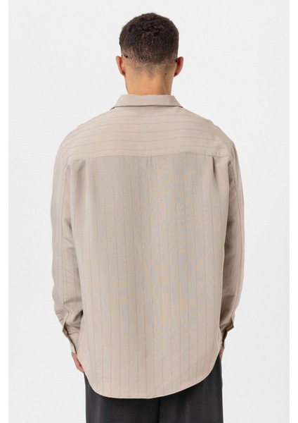 Çizgili Uzun Kol Oversize Gömlek Bej indirimleri