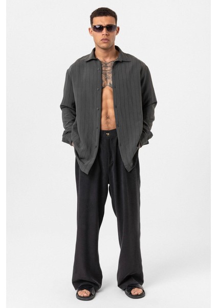 Çizgili Uzun Kol Oversize Gömlek Antrasit