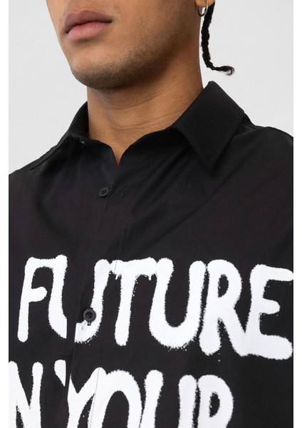 Ön Baskılı %100 Pamuk Poplin Oversize Gömlek Siyah indirimleri