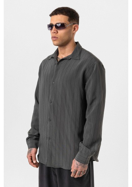 Çizgili Uzun Kol Oversize Gömlek Antrasit fırsatları