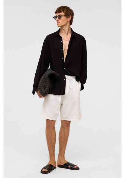 Oversize Uzun Kollu Keten Gömlek Siyah fiyatları