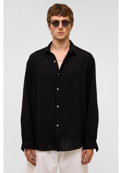 Oversize Uzun Kollu Keten Gömlek Siyah fırsatları