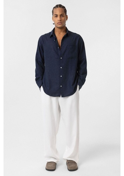 Cep Detaylı Oversize Uzun Kol Gömlek Lacivert