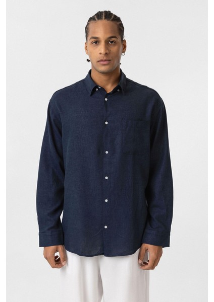 Cep Detaylı Oversize Uzun Kol Gömlek Lacivert fiyatları