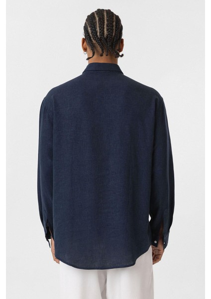 Cep Detaylı Oversize Uzun Kol Gömlek Lacivert fırsatları